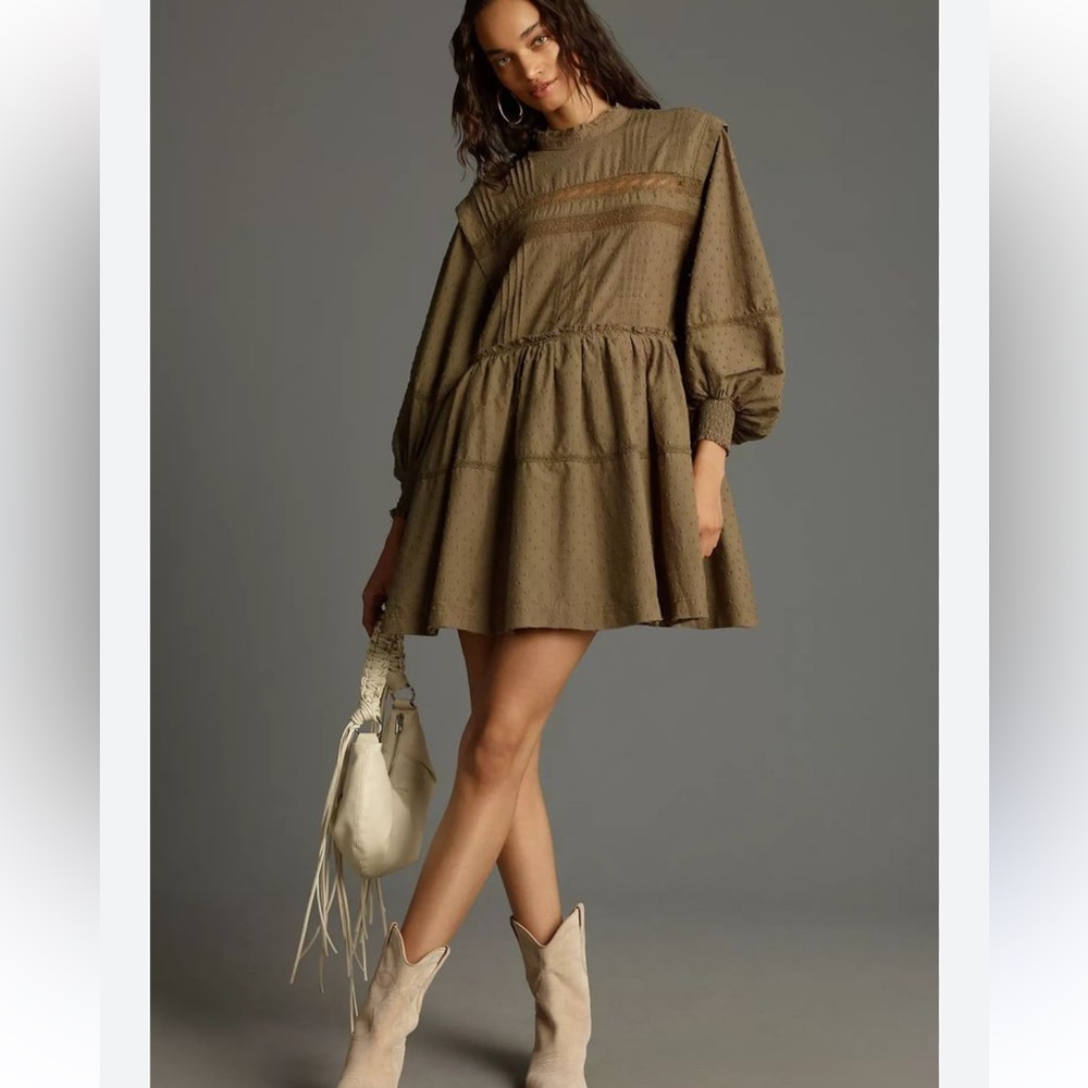 Pilcro Olive Mini Tiered Lace-Trim Dress